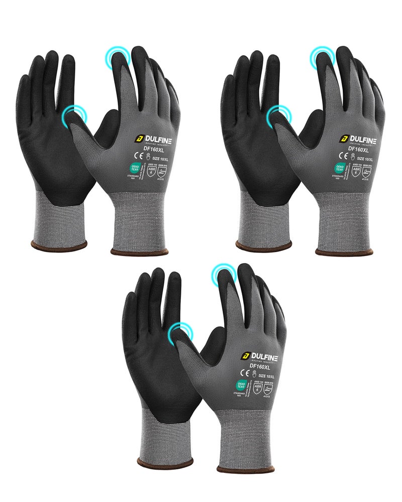 DULFINE Safety Work Gloves MicroFoam Nitrile Coated-3 Pairs Pack,Seamless Knit Nylon Glove with Black Micro-Foam Nitrile Grip,Ideal for General Purpose,Automotive,Home Improvement,Painting(Large) - Image 1